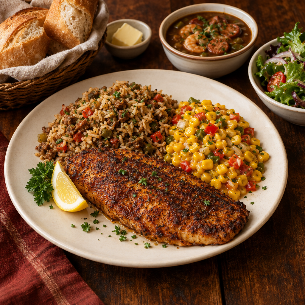 Blackened redfish plate with dirty rice, corn maque choux, French bread, and optional gumbo and salad