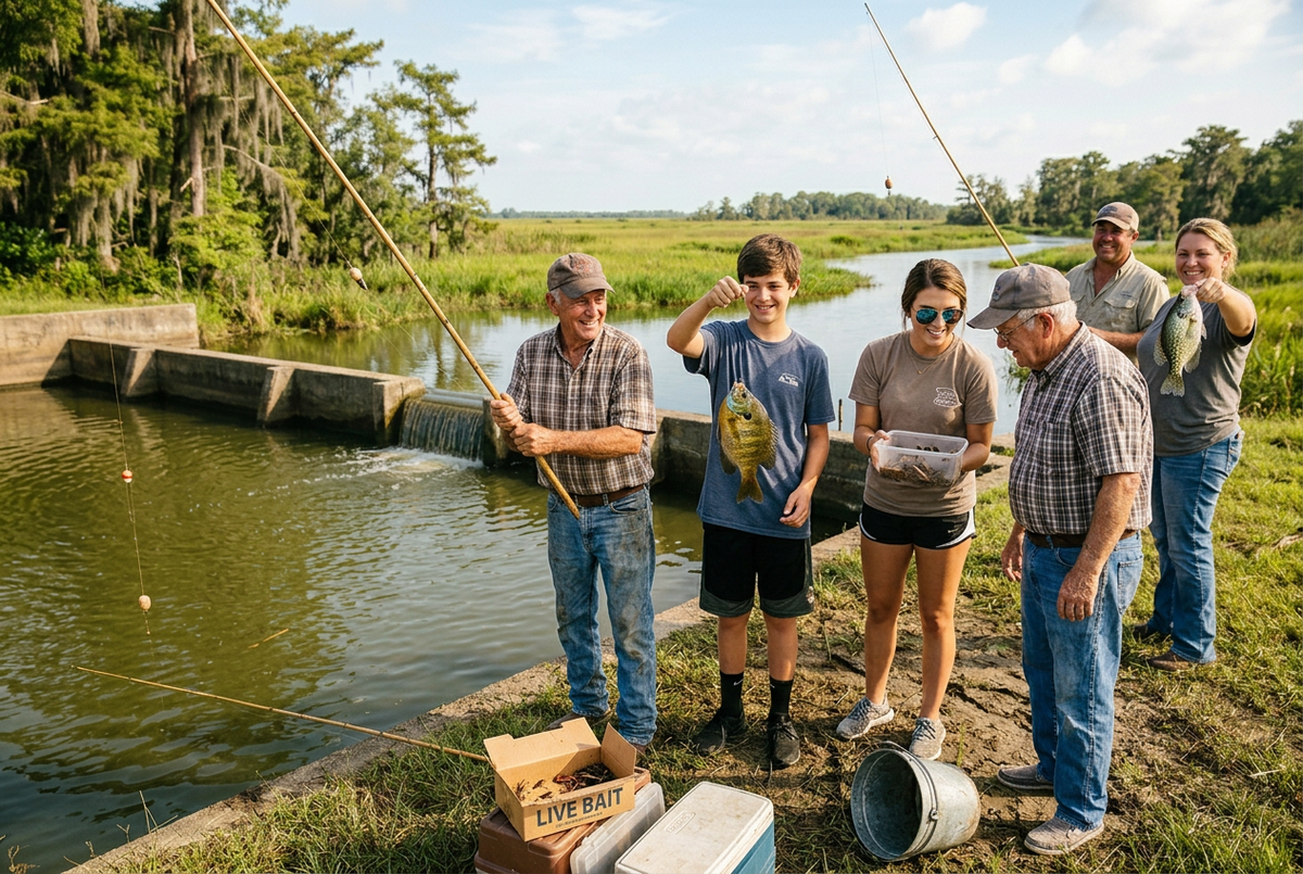 Cajun family cane-pole fishing for bream and sacalait beside a freshwater bayou weir