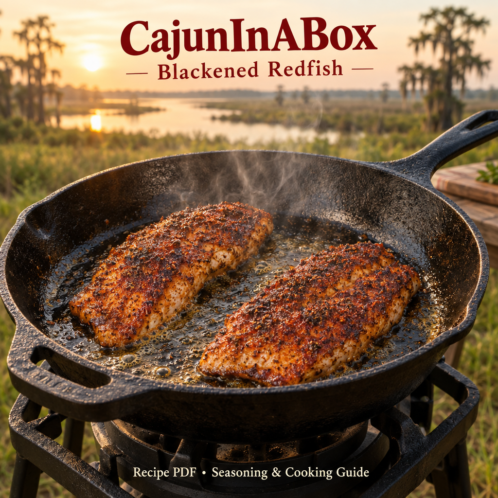 CajunInABox Blackened Redfish — Seasoning & Cooking Guide PDF