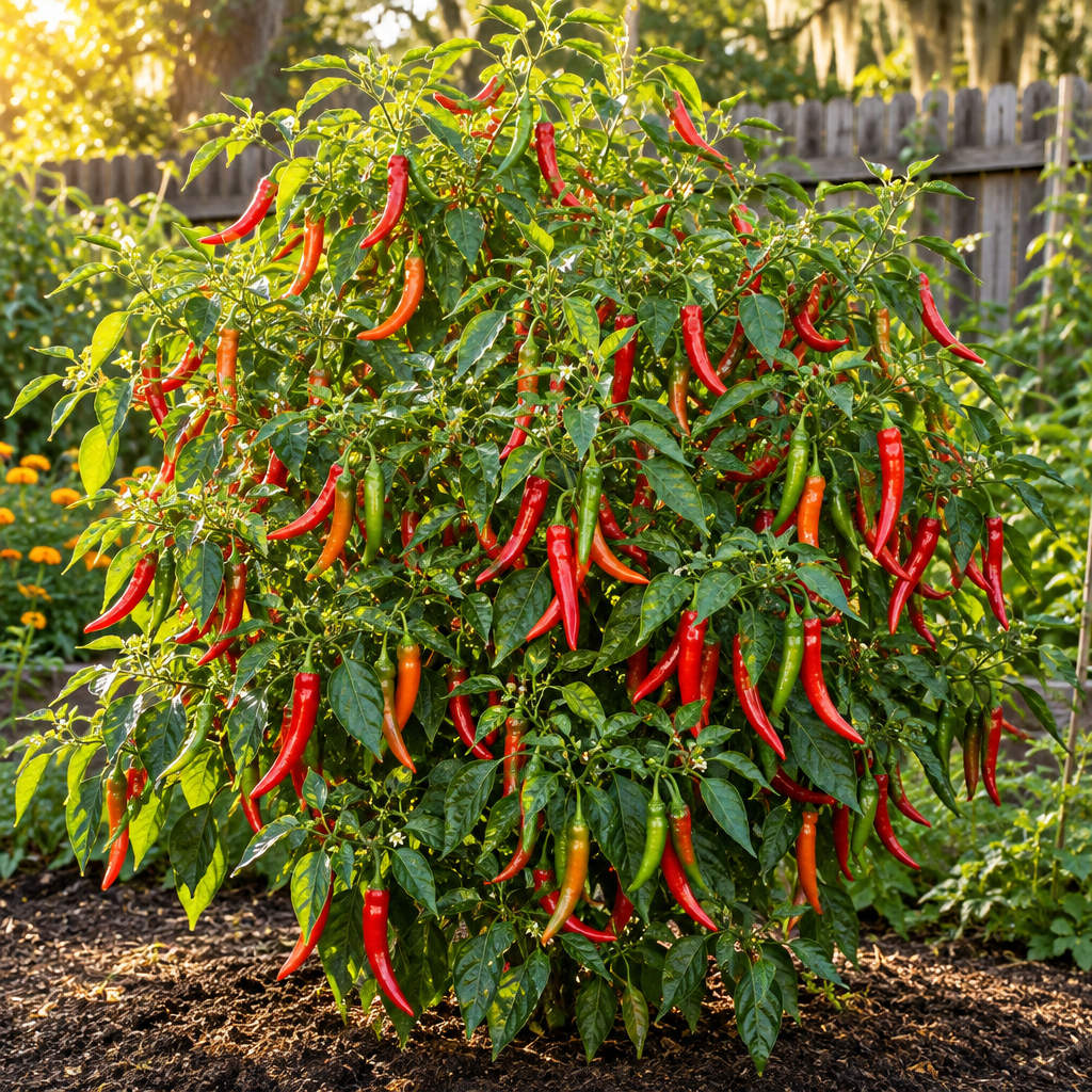 Cayenne pepper bush glowing with ripe red peppers in a Louisiana garden