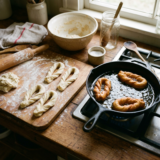 Croquignoles kitchen scene with a worn mixing bowl, rolled-out dough, four twists ready to fry, and four in a cast-iron skillet