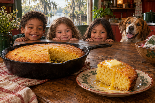 Fresh cornbread with melting butter in a bayou kitchen, three eager children and a happy dog