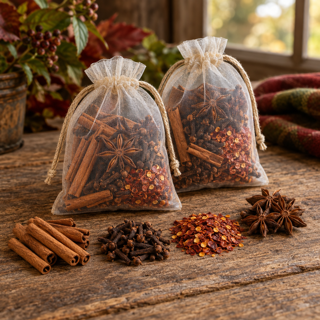 Harvest Bags with cinnamon, cloves, chili flakes, and star anise on rustic wood
