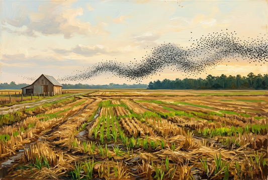 Story-inspired illustration of a flock of blackbirds over harvested Louisiana fields.