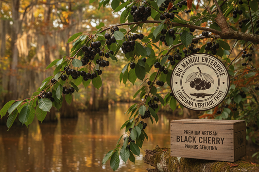 Black Cherry — Prunus serotina — dark purple-black cherry clusters on Louisiana native heritage fruit tree