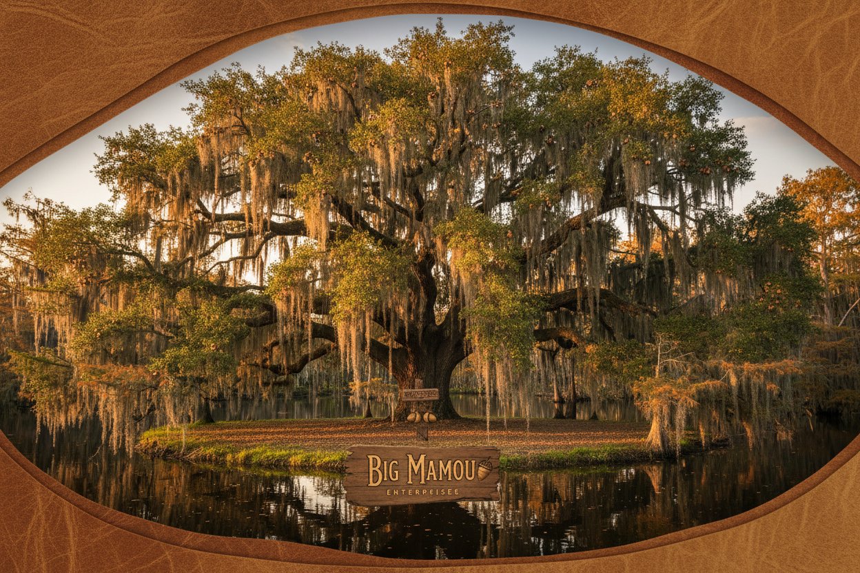 Live Oak — Quercus virginiana — ancient Louisiana legacy tree with Spanish moss and wide spreading canopy