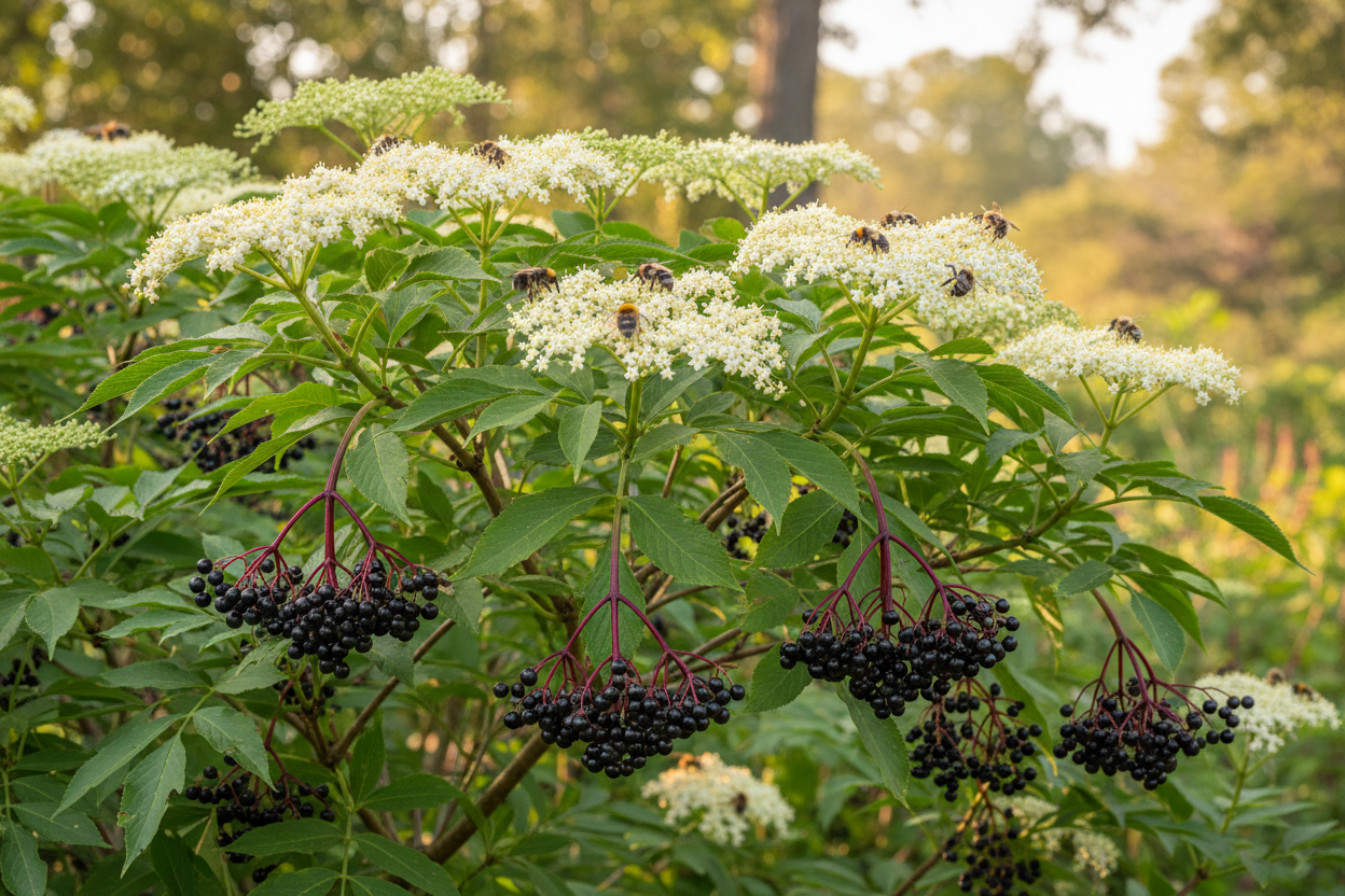 Elderberry (Sambucus canadensis) — native healing shrub with white flower clusters and purple-black berries, Jardin Healing Garden, Big Mamou Enterprises