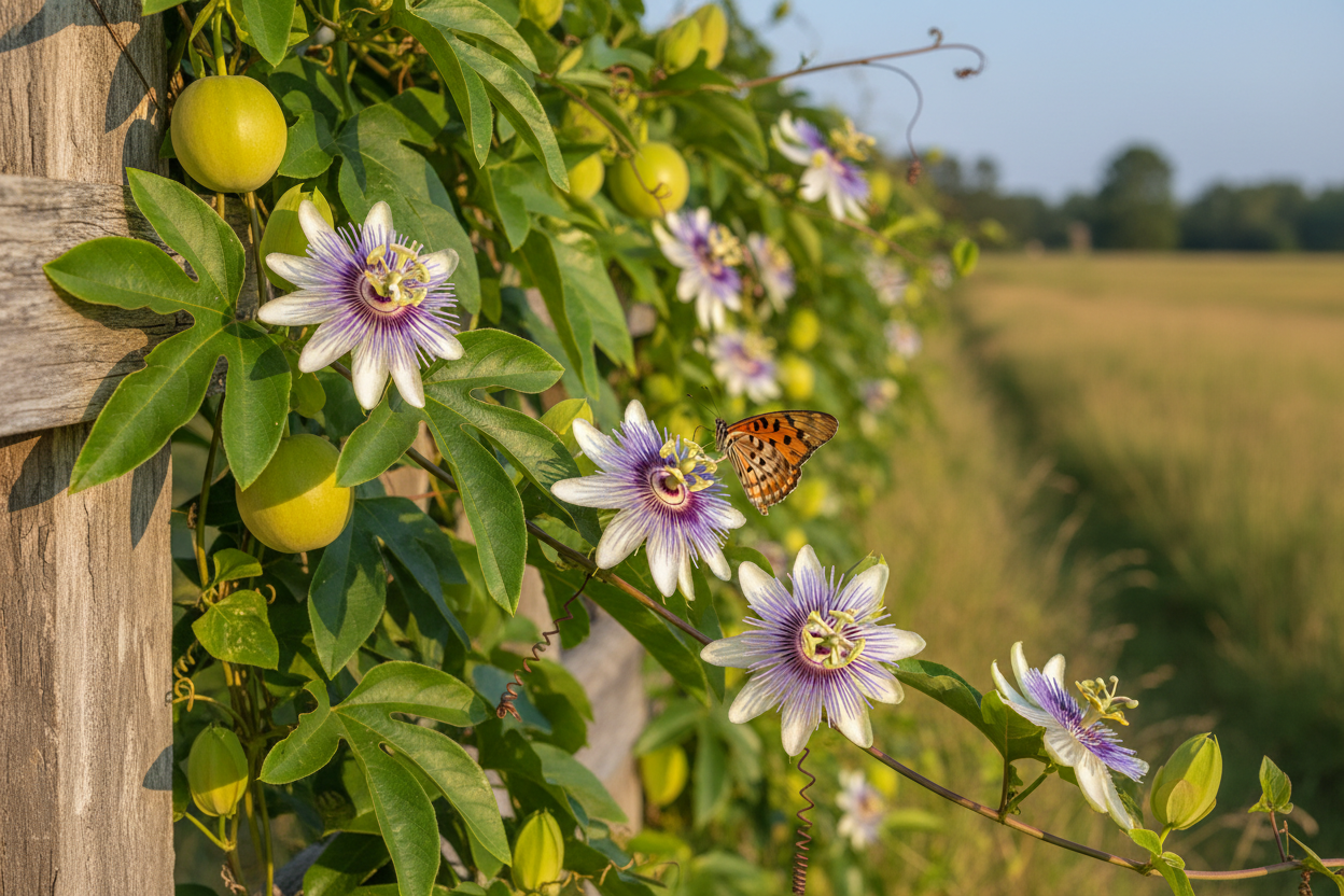 Passionflower Vine (Passiflora incarnata) — native maypop vine with intricate lavender flowers and Gulf Fritillary butterfly, Cajun Prairie Heritage, Big Mamou Enterprises