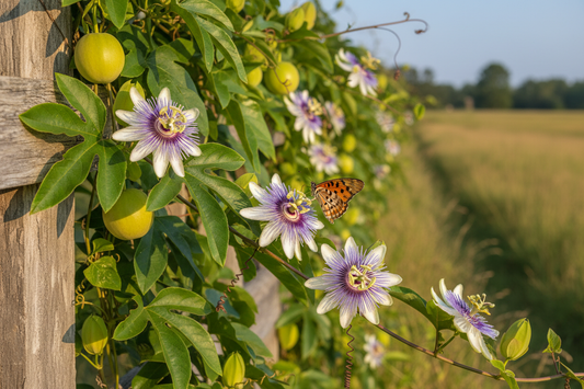 Passionflower Vine (Passiflora incarnata) — native maypop vine with intricate lavender flowers and Gulf Fritillary butterfly, Cajun Prairie Heritage, Big Mamou Enterprises