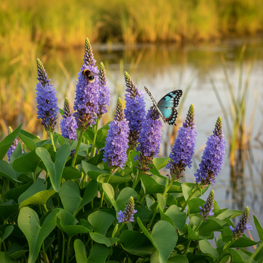 Pickerelweed (Pontederia cordata) violet-blue flower spikes with bumblebee at Louisiana bayou margin
