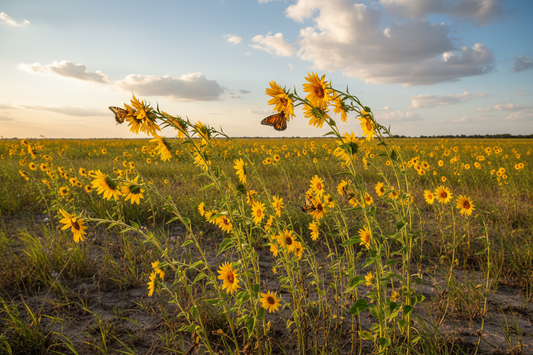 Maximilian Sunflower (Helianthus maximiliani) — towering native prairie sunflower with dozens of golden blooms, Prairie Movement Strip, Big Mamou Enterprises