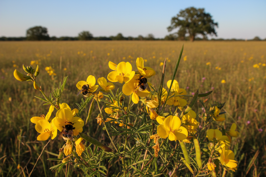Partridge Pea (Chamaecrista fasciculata) — native nitrogen-fixing annual wildflower with yellow blooms and dark anthers, Prairie Movement Strip, Big Mamou Enterprises