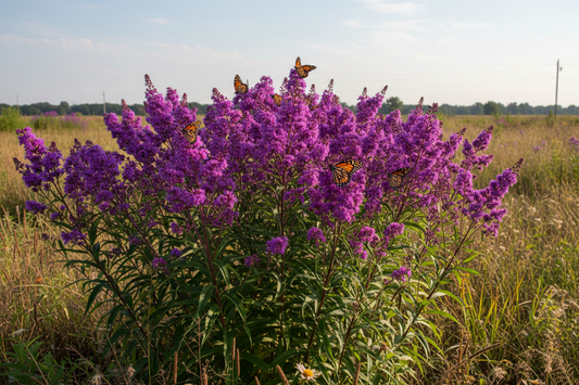 Ironweed (Vernonia gigantea) — towering native prairie wildflower with royal purple monarch-magnet blooms, Prairie Movement Strip, Big Mamou Enterprises