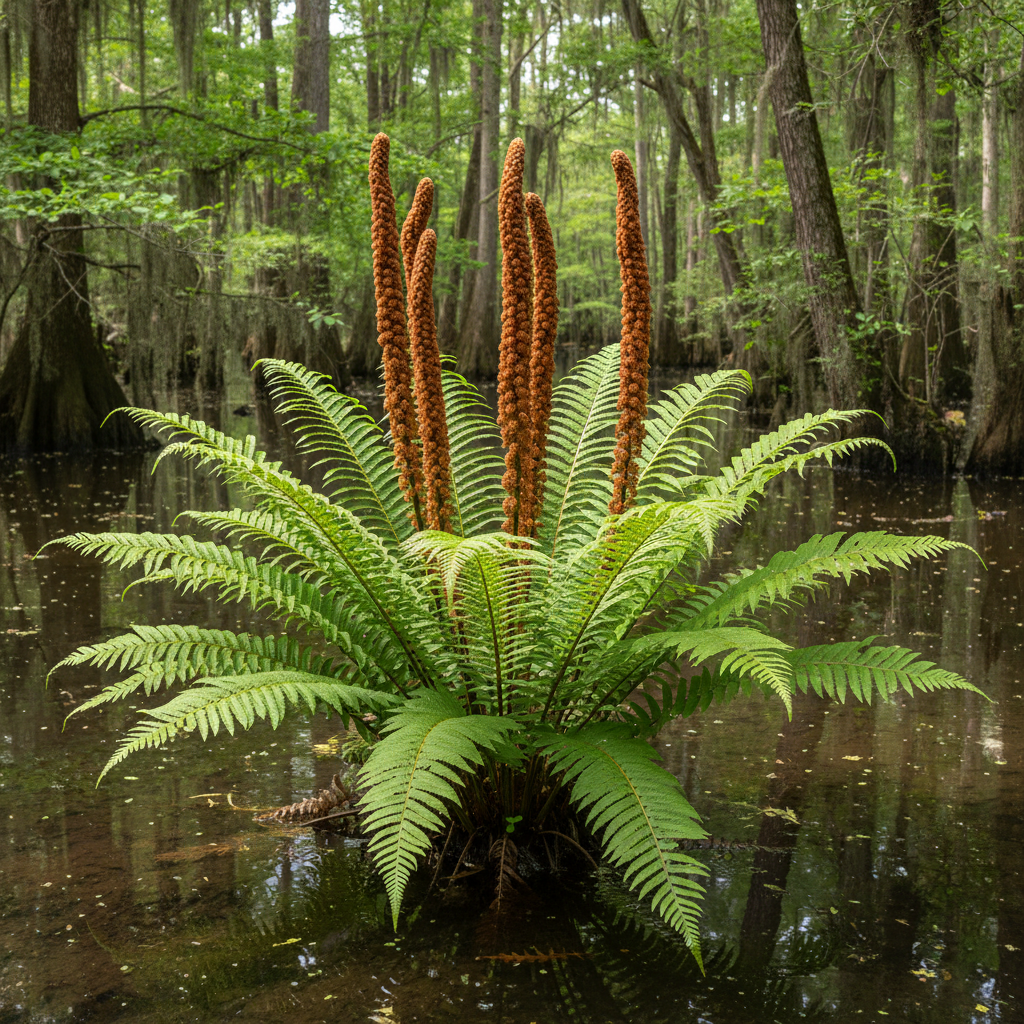 Cinnamon Fern (Osmundastrum cinnamomeum) dramatic cinnamon spore fronds rising from green sterile fronds in Louisiana swamp