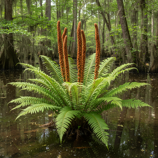 Cinnamon Fern (Osmundastrum cinnamomeum) dramatic cinnamon spore fronds rising from green sterile fronds in Louisiana swamp