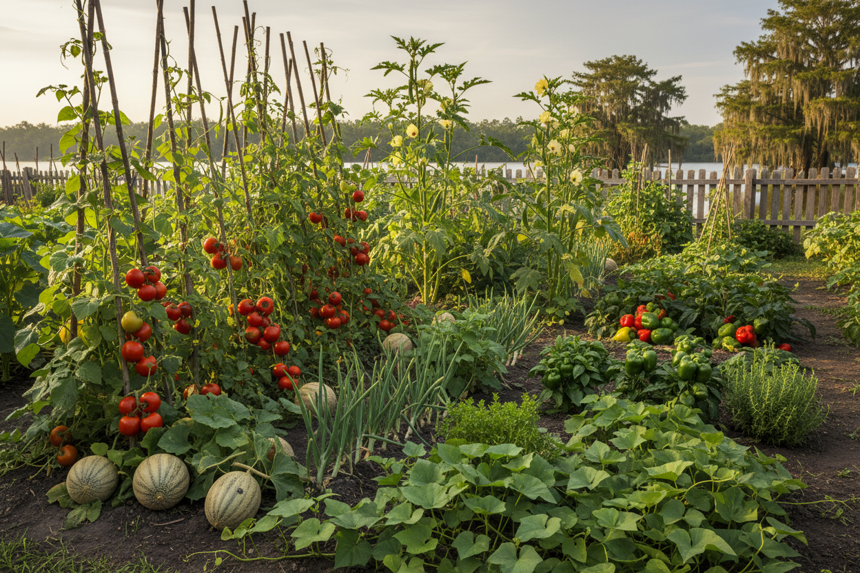 "A lush Louisiana kitchen garden with pole beans climbing stakes, red ripe tomatoes on the vine, cantaloupe, okra, peppers and cucumbers growing in rich bayou soil"