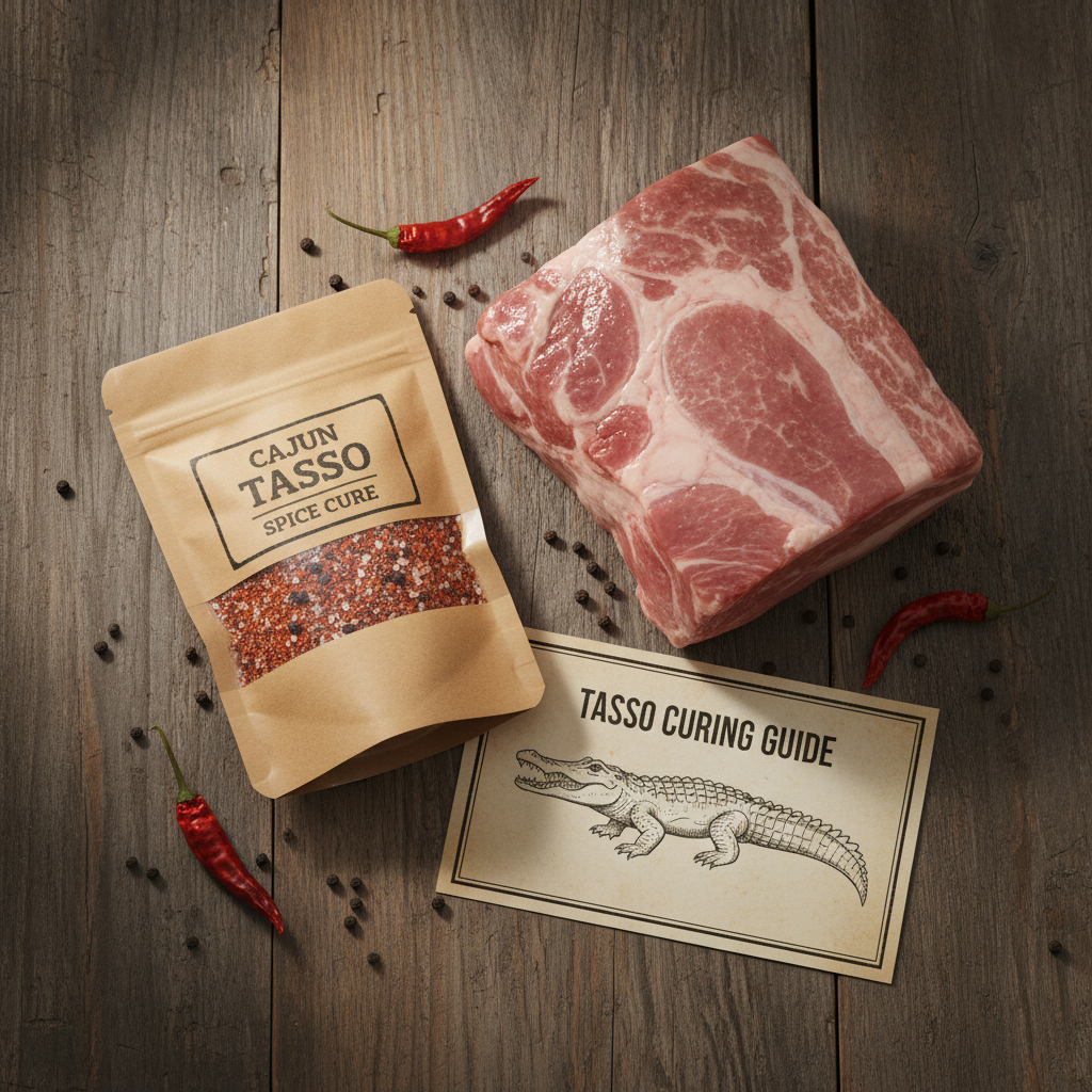 Tasso Cure Kit — Cajun cure blend with pork shoulder on weathered wood