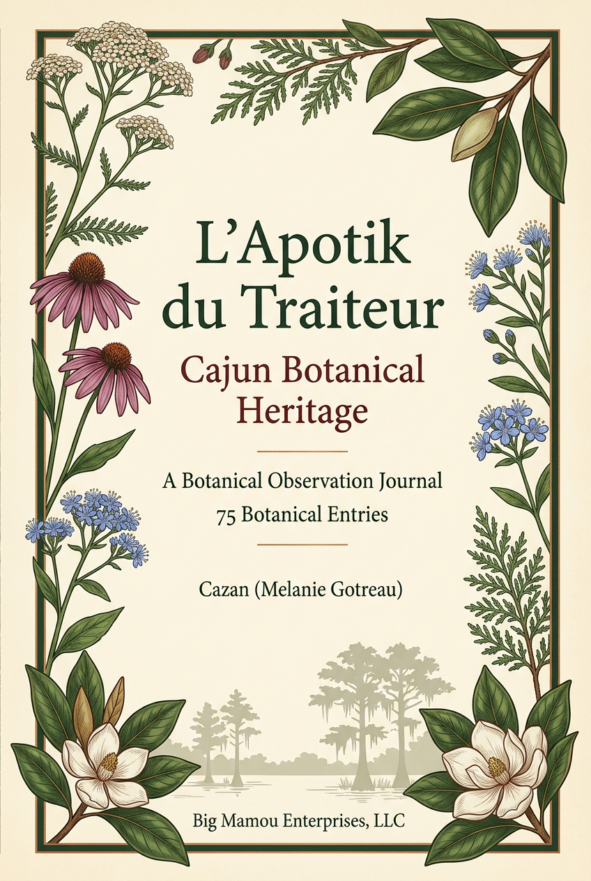 Ivory botanical book cover with forest-green lettering, flowers, magnolia foliage, and a cypress bayou scene.