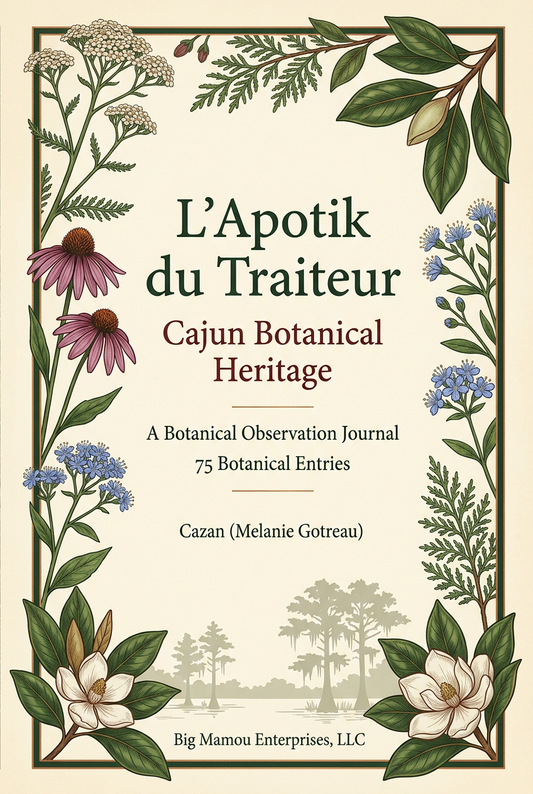 Ivory botanical book cover with forest-green lettering, flowers, magnolia foliage, and a cypress bayou scene.