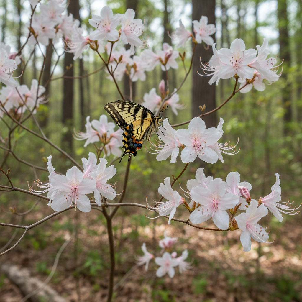 Wild Azalea (Rhododendron canescens) pink tubular flowers with long stamens on bare branches in Louisiana woodland