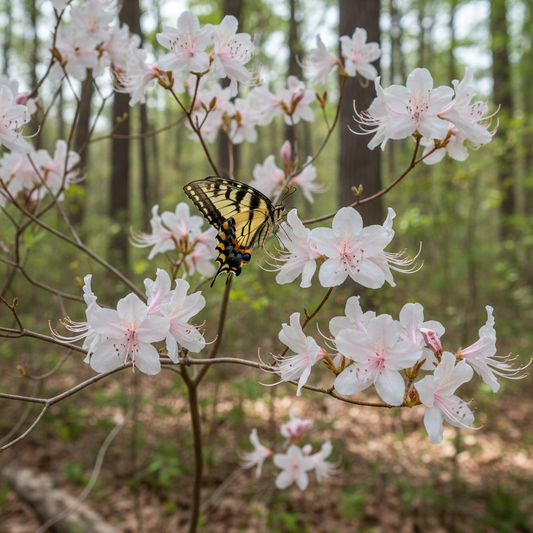 Wild Azalea (Rhododendron canescens) pink tubular flowers with long stamens on bare branches in Louisiana woodland