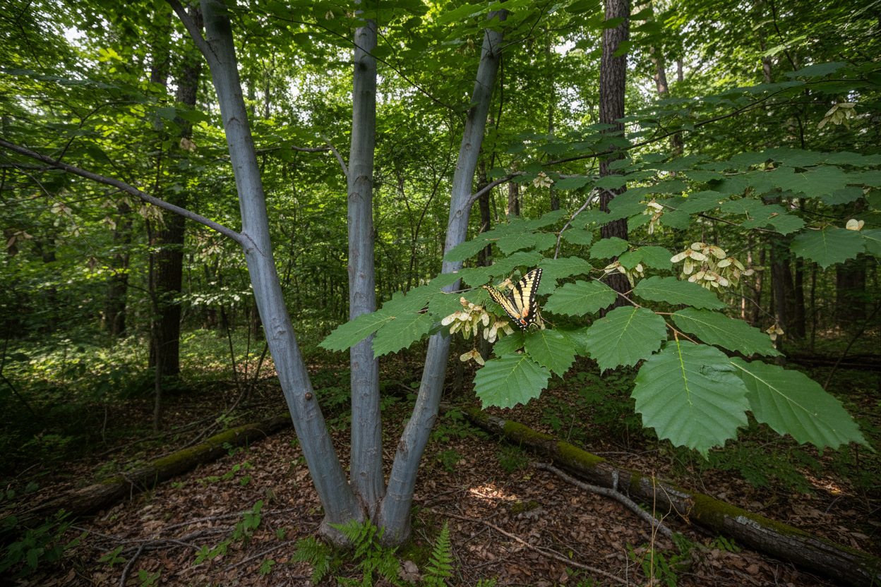 American Hornbeam (Carpinus caroliniana) — native musclewood understory tree with sinewy blue-grey bark, Living Canopy & Understory, Big Mamou Enterprises