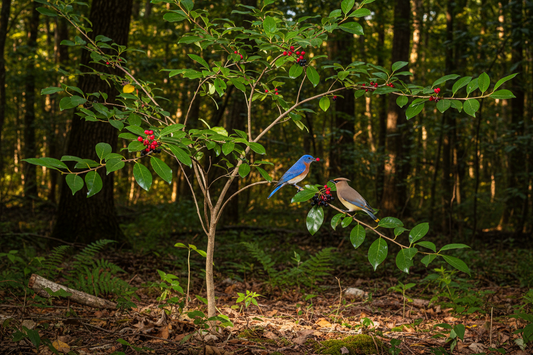 Carolina Buckthorn (Frangula caroliniana) — native woodland understory tree with simultaneous red and black berries, Living Canopy & Understory, Big Mamou Enterprises