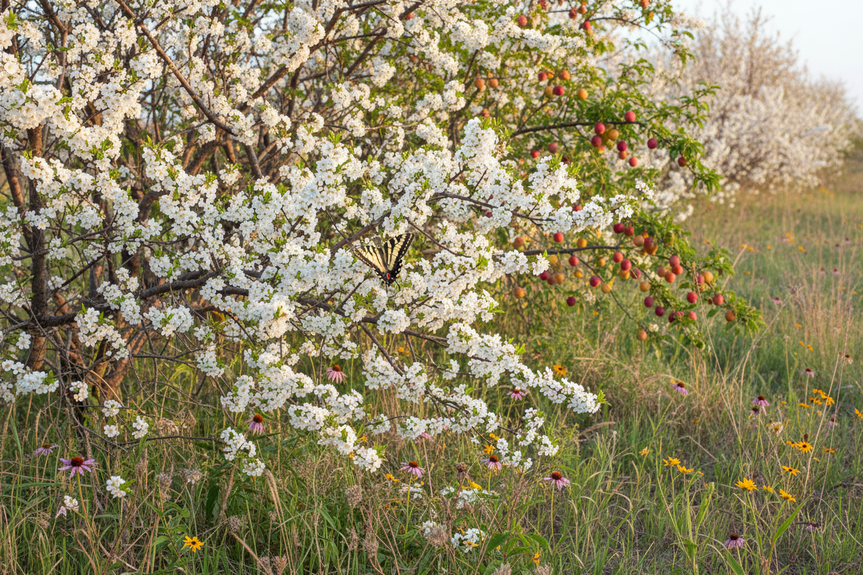 Chickasaw Plum (Prunus angustifolia) — native Cajun prairie hedgerow plum with white spring flowers and wild plums, Cajun Prairie Heritage, Big Mamou Enterprises