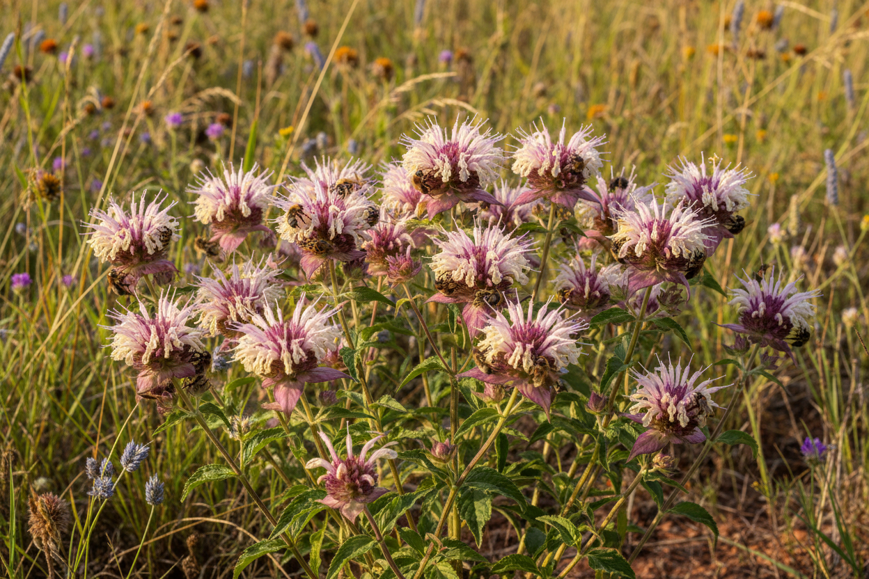 Wild Bergamot (Monarda punctata) — native spotted bee balm, Jardin Healing Garden, Big Mamou Enterprises