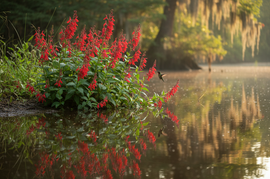Cardinal Flower (Lobelia cardinalis) — most intensely red native wildflower, hummingbird magnet at the bayou edge, Living Canopy & Understory, Big Mamou Enterprises
