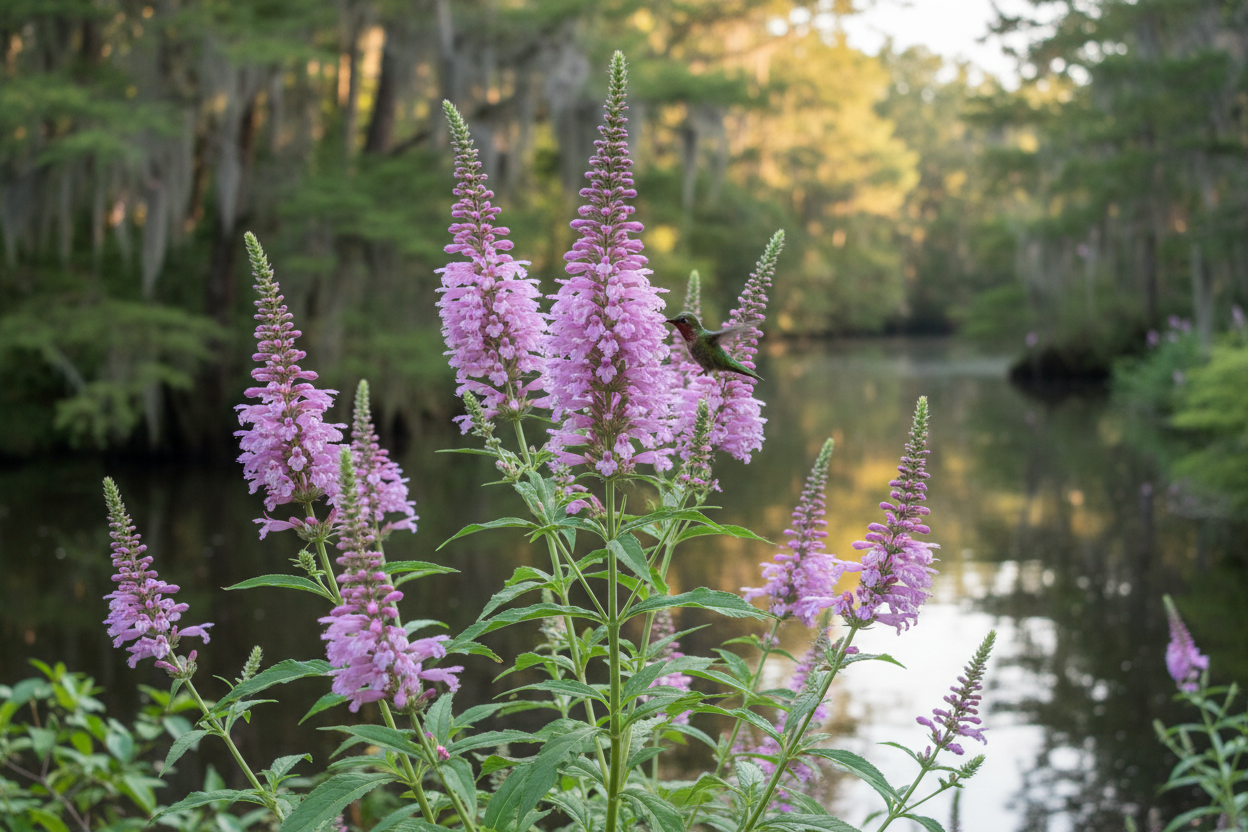 Obedient Plant (Physostegia virginiana) — native fall hummingbird perennial with rose-pink spikes, Living Canopy & Understory, Big Mamou Enterprises