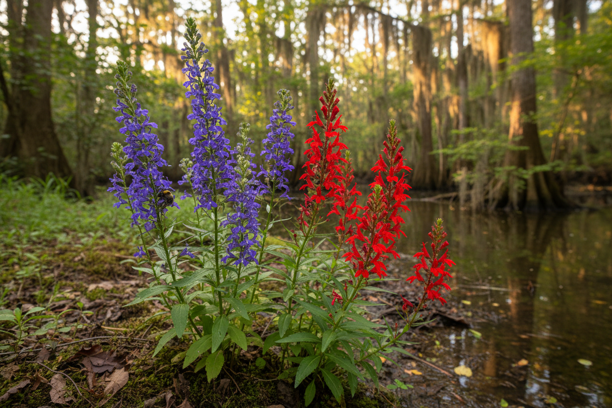 Great Blue Lobelia (Lobelia siphilitica) — Cardinal Flower's blue counterpart at the Louisiana bayou edge, Living Canopy & Understory, Big Mamou Enterprises
