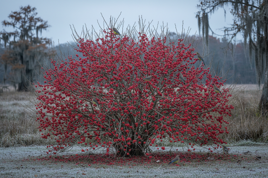 Possumhaw Holly (Ilex decidua) — native deciduous holly with brilliant red winter berries, Cajun Prairie Heritage, Big Mamou Enterprises