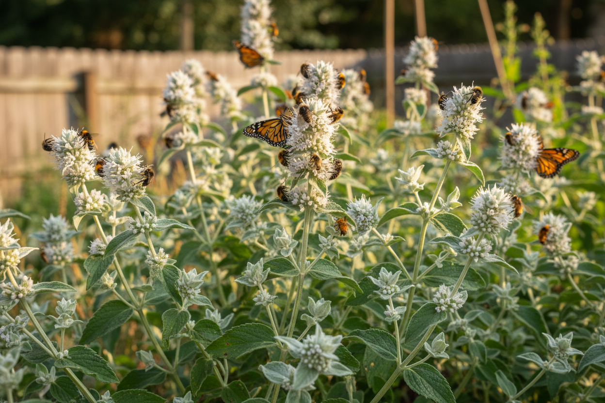 Slender Mountain Mint (Pycnanthemum muticum) — native pollinator herb with silvery bracts, Jardin Healing Garden, Big Mamou Enterprises