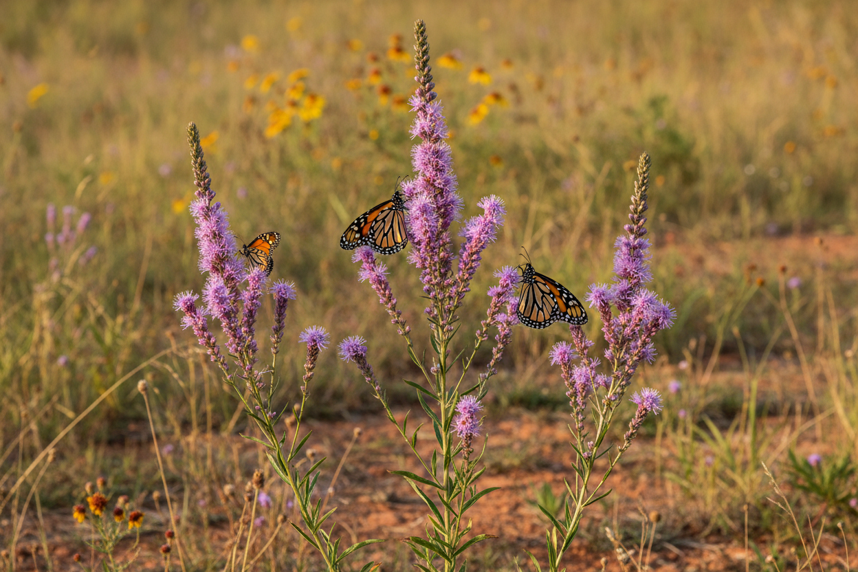 Rough Blazing Star (Liatris aspera) — late-season monarch nectar plant with airy button-like purple blooms, Prairie Movement Strip, Big Mamou Enterprises