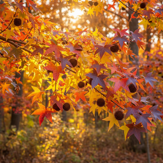 Sweetgum (Liquidambar styraciflua) star-shaped leaves in spectacular fall colors with spiny seed balls
