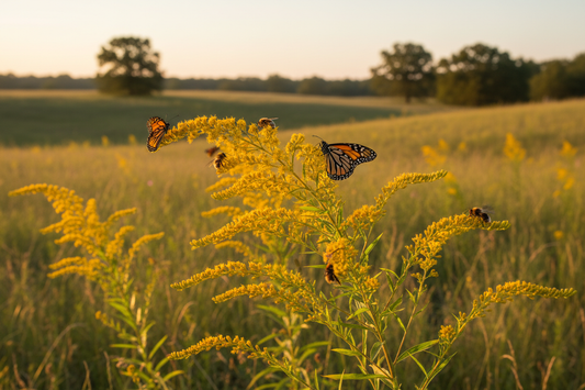 Anise-Scented Goldenrod (Solidago odora) — native monarch nectar plant with golden arching plumes, Jardin Healing Garden, Big Mamou Enterprises