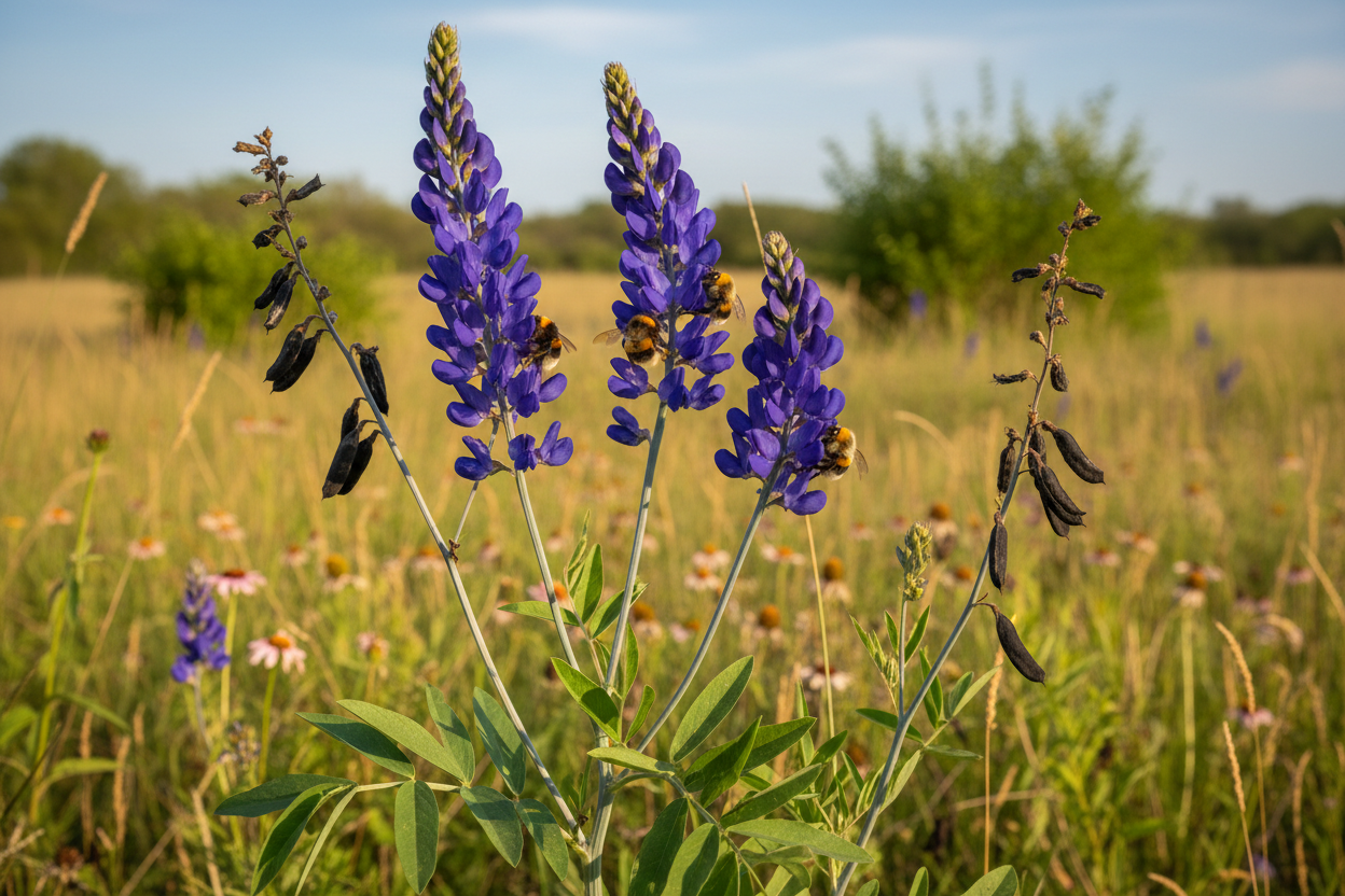 Blue False Indigo (Baptisia australis) — century-lived native wildflower with indigo-blue spring spikes, Living Canopy & Understory, Big Mamou Enterprises