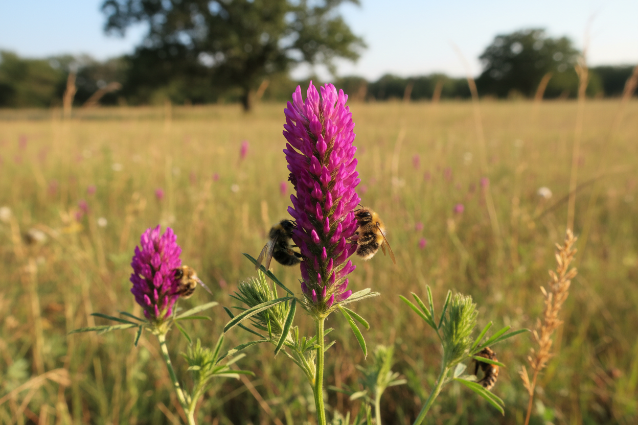 Purple Prairie Clover (Dalea purpurea) — native nitrogen-fixing wildflower with magenta cylindrical blooms, Prairie Movement Strip, Big Mamou Enterprises