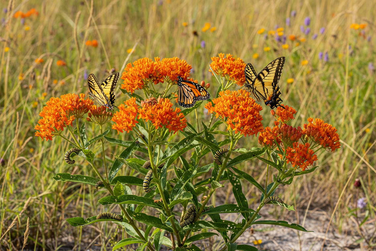 Butterfly Milkweed (Asclepias tuberosa) — vivid orange upland monarch host plant, Living Canopy & Understory, Big Mamou Enterprises
