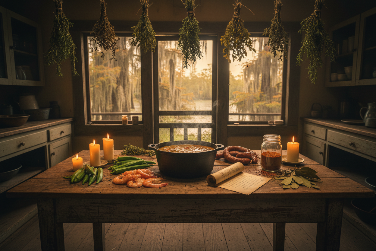 A Cajun bayou kitchen scene with a cast iron gumbo pot steaming, fresh okra, andouille sausage, Gulf shrimp, a handwritten recipe card, dried herbs hanging overhead and Spanish moss visible through the screen door"