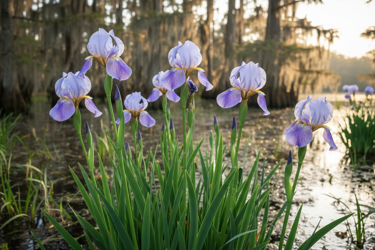 Louisiana Iris (Iris giganticaerulea) — native bayou iris with sky-blue flowers in spring marsh, Cajun Prairie Heritage, Big Mamou Enterprises