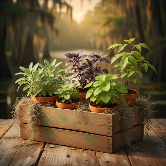 Rustic wooden crate of young potted medicinal herbs — sage, holy basil, lemon balm, bayou porch setting