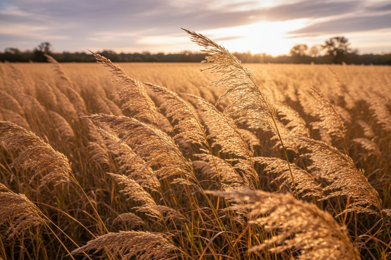 Indiangrass (Sorghastrum nutans) — golden tallgrass prairie grass glowing in autumn light, Prairie Movement Strip, Big Mamou Enterprises