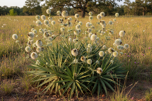 Rattlesnake Master (Eryngium yuccifolium) — dramatic architectural native prairie plant with spherical white blooms, Prairie Movement Strip, Big Mamou Enterprises