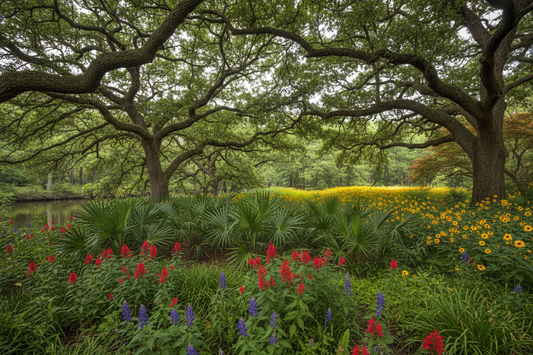 Jardin — The Living Canopy & Understory — layered Louisiana native garden scene with canopy oaks, Dwarf Palmetto, Cardinal Flower and bayou water, Big Mamou Enterprises