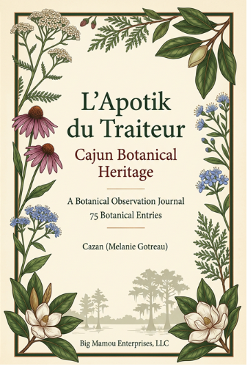 L’Apotik du Traiteur: Cajun Botanical Heritage observation journal cover by Cazan (Melanie Gotreau), with illustrated botanicals and a Louisiana bayou scene.