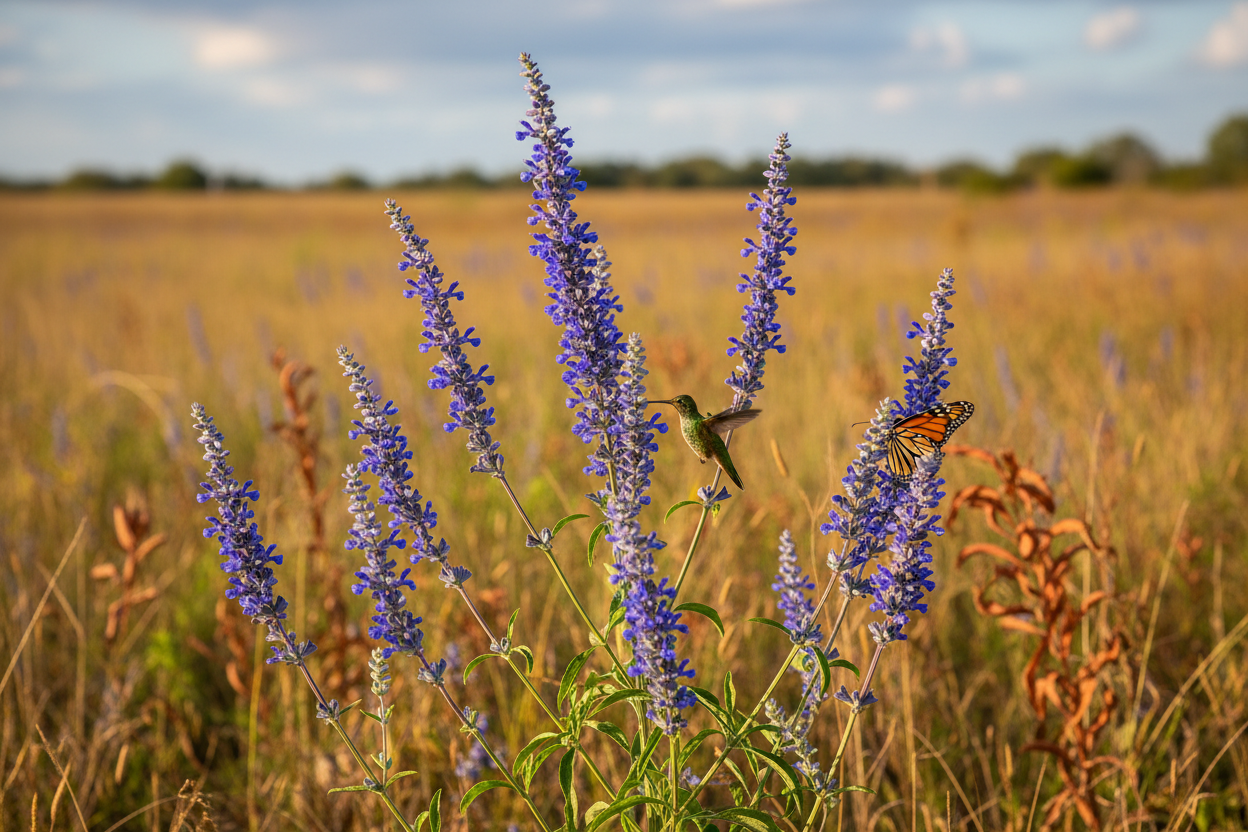 Blue Sage (Salvia azurea) — native azure-blue hummingbird sage of the Louisiana upland prairie, Prairie Movement Strip, Big Mamou Enterprises