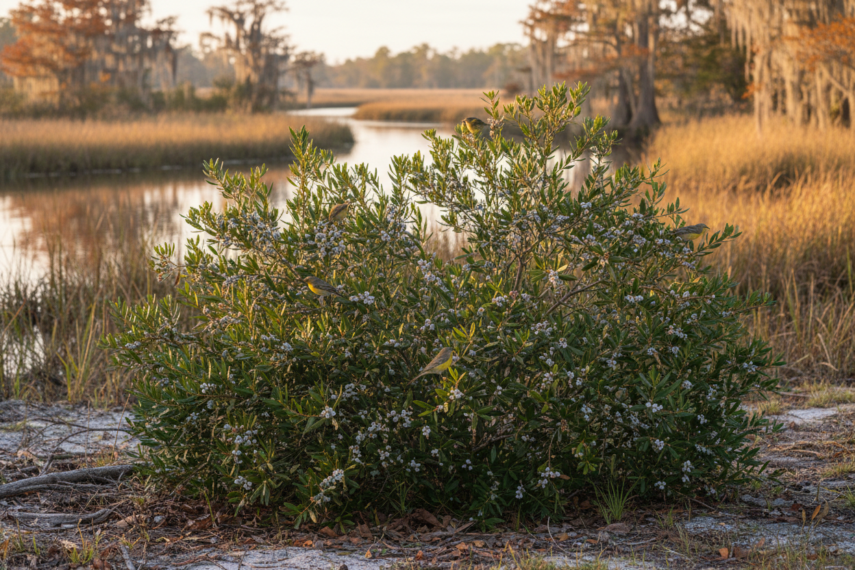 Wax Myrtle (Morella cerifera) — native aromatic evergreen shrub with waxy grey berries, Cajun Prairie Heritage, Big Mamou Enterprises
