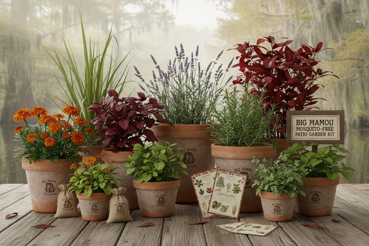 Big Mamou Mosquito-Free Patio Garden Kit — lush arrangement of mosquito-repelling plants in terracotta pots on a Louisiana porch